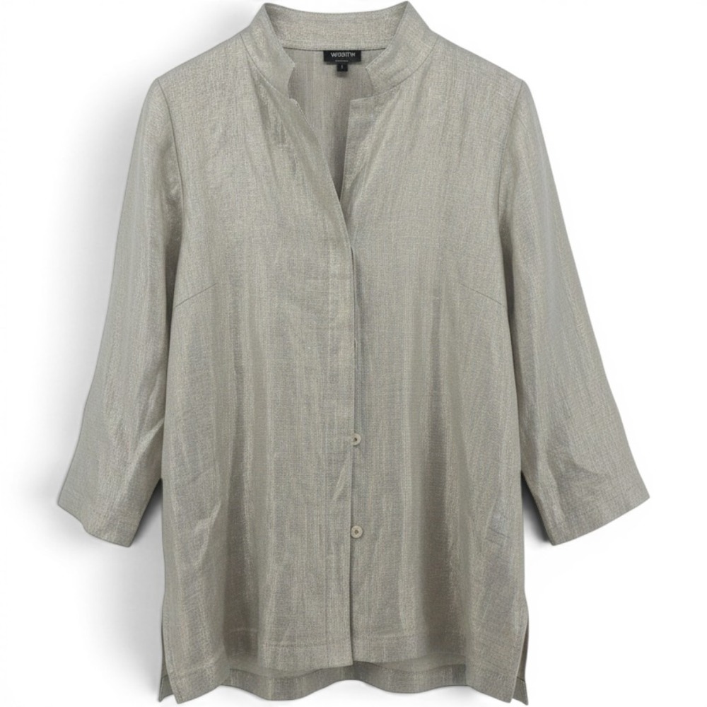 Worth New York Linen Tunic Women L Metallic Silver Mandarin Collar EUC